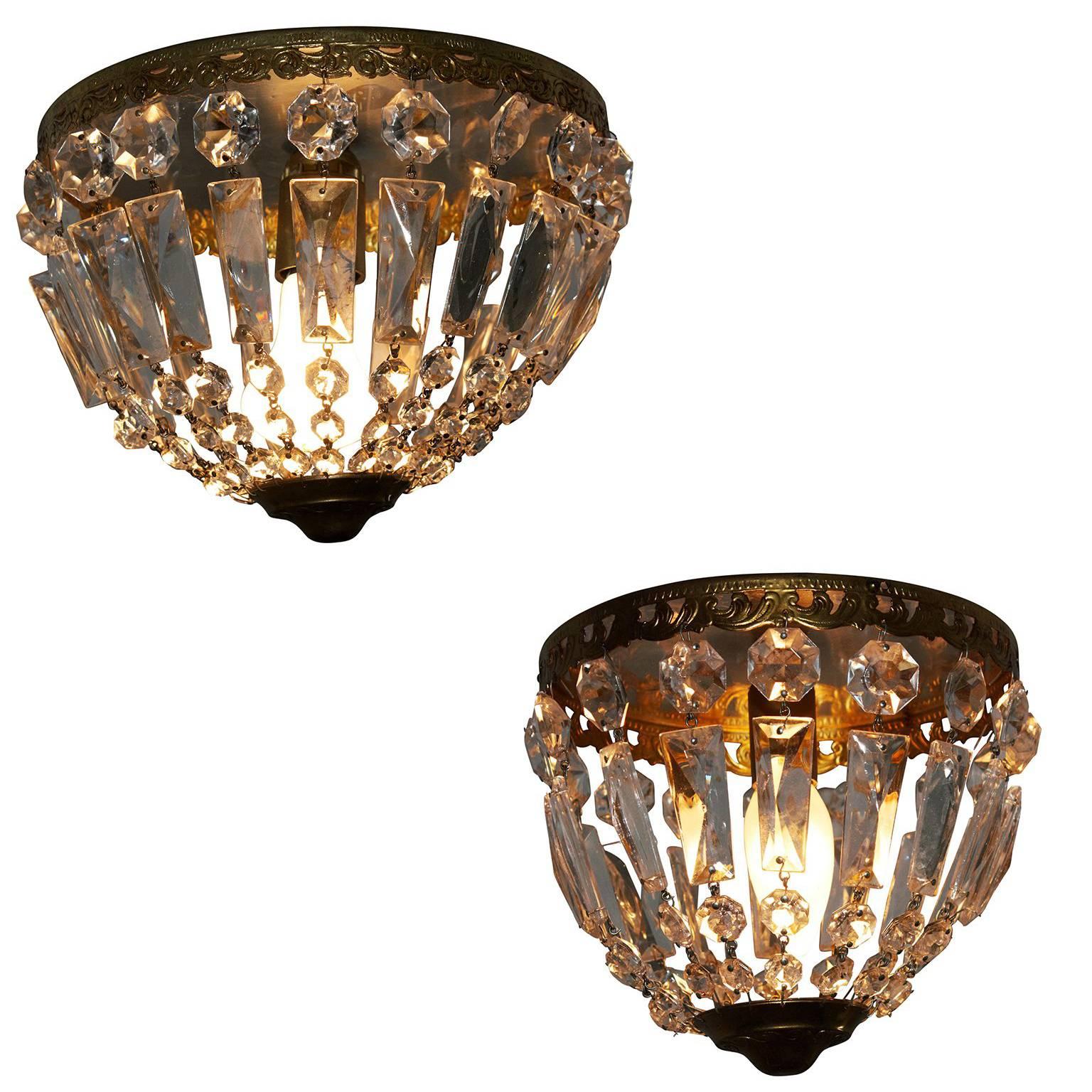 Pair of French Crystal Flush Mount in Two Sizes Bronze Basket Chandelier