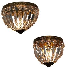 Antique Pair of French Crystal Flush Mount in Two Sizes Bronze Basket Chandelier