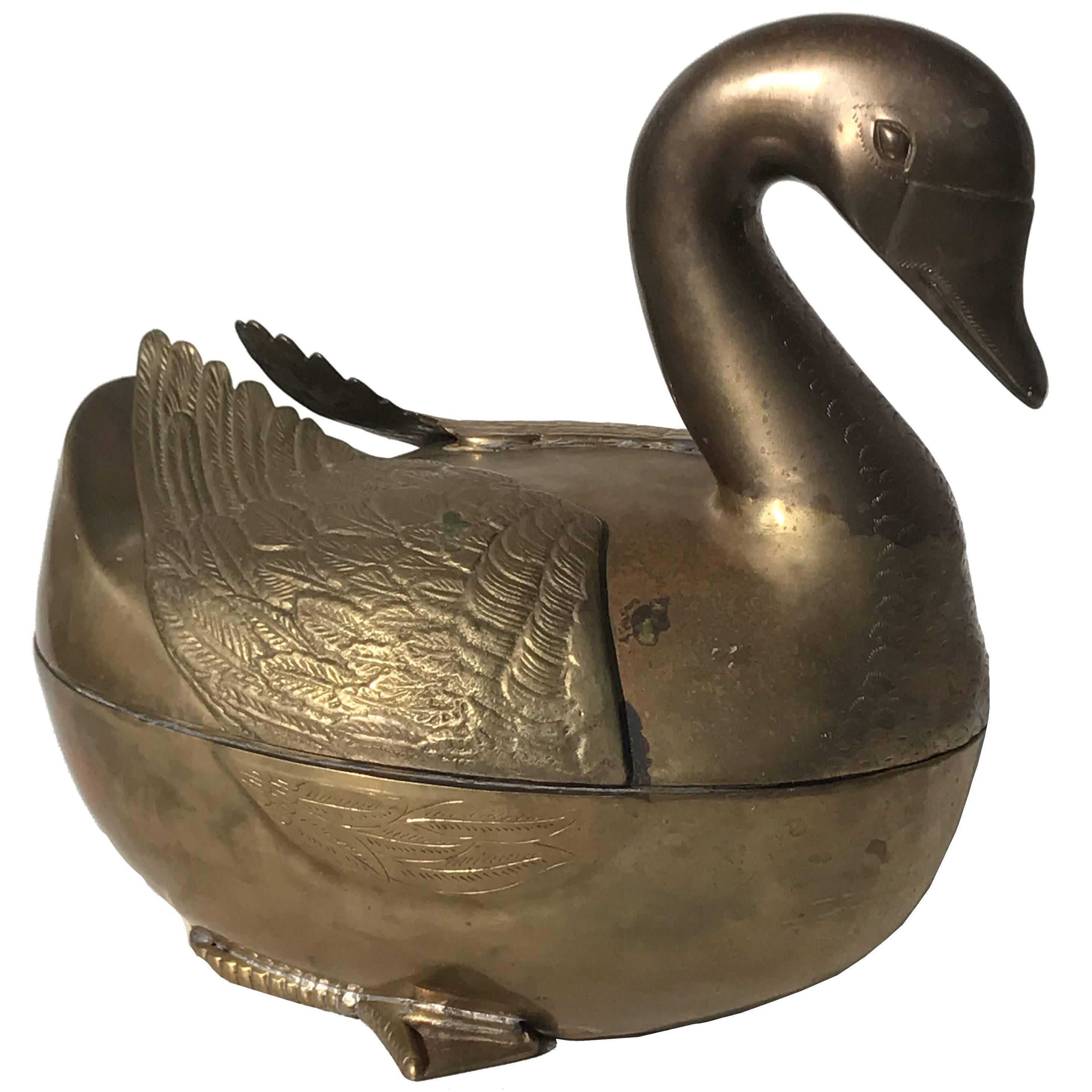 Patinated Brass Garden Decor Duck Motif Planter For Sale