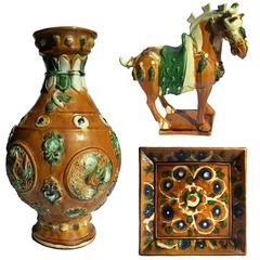 Used Set of Three Terracotta San Cai Pottery and Horse