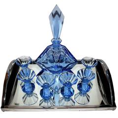 Retro 1930s, Art Deco Czech Blue Glass Decanter Set