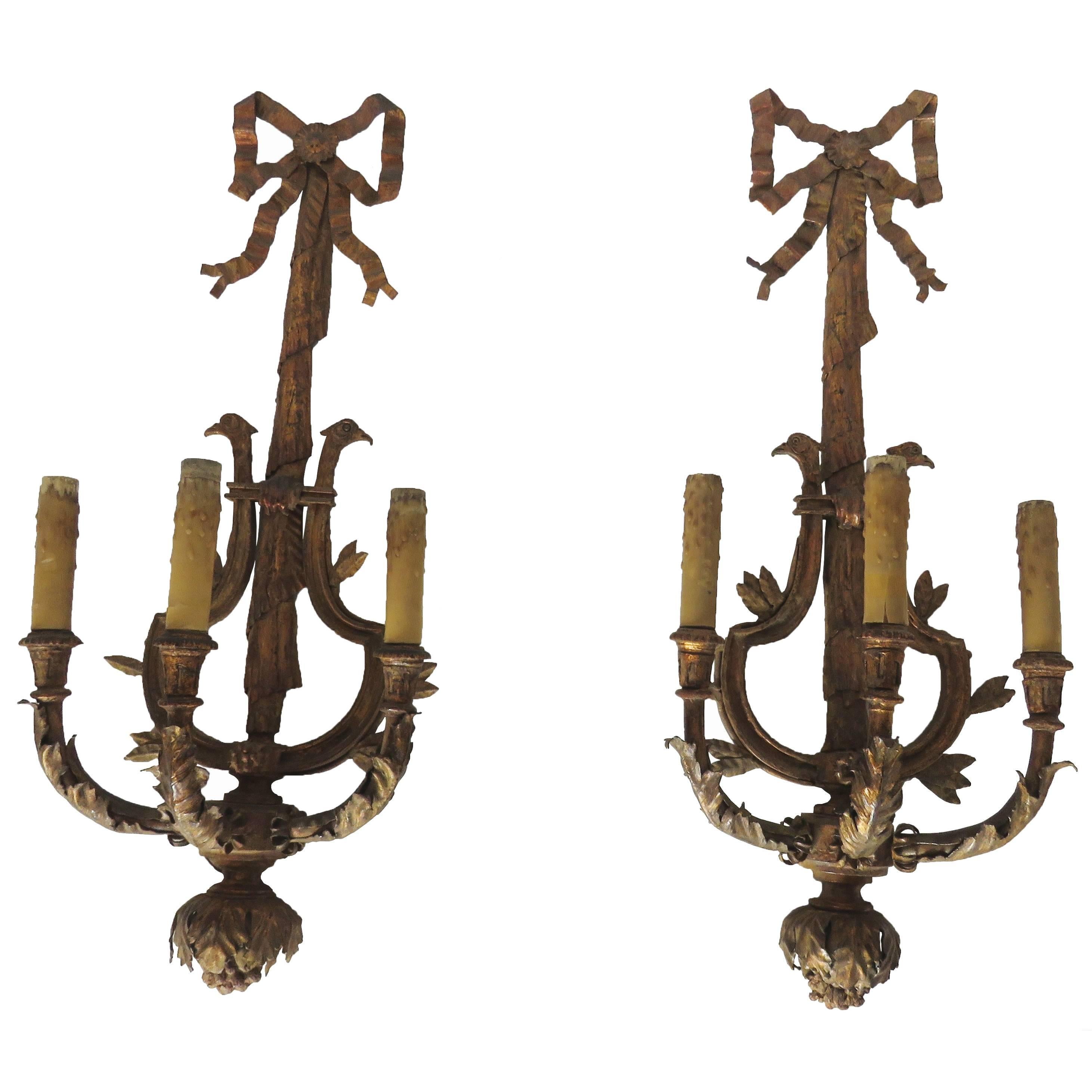 Pair of Large Gilt Iron Three Light Wall Applique Sconces For Sale