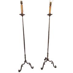 Antique Early 20th Century Pair of Hand Brought Iron Gilt Floor Lamps