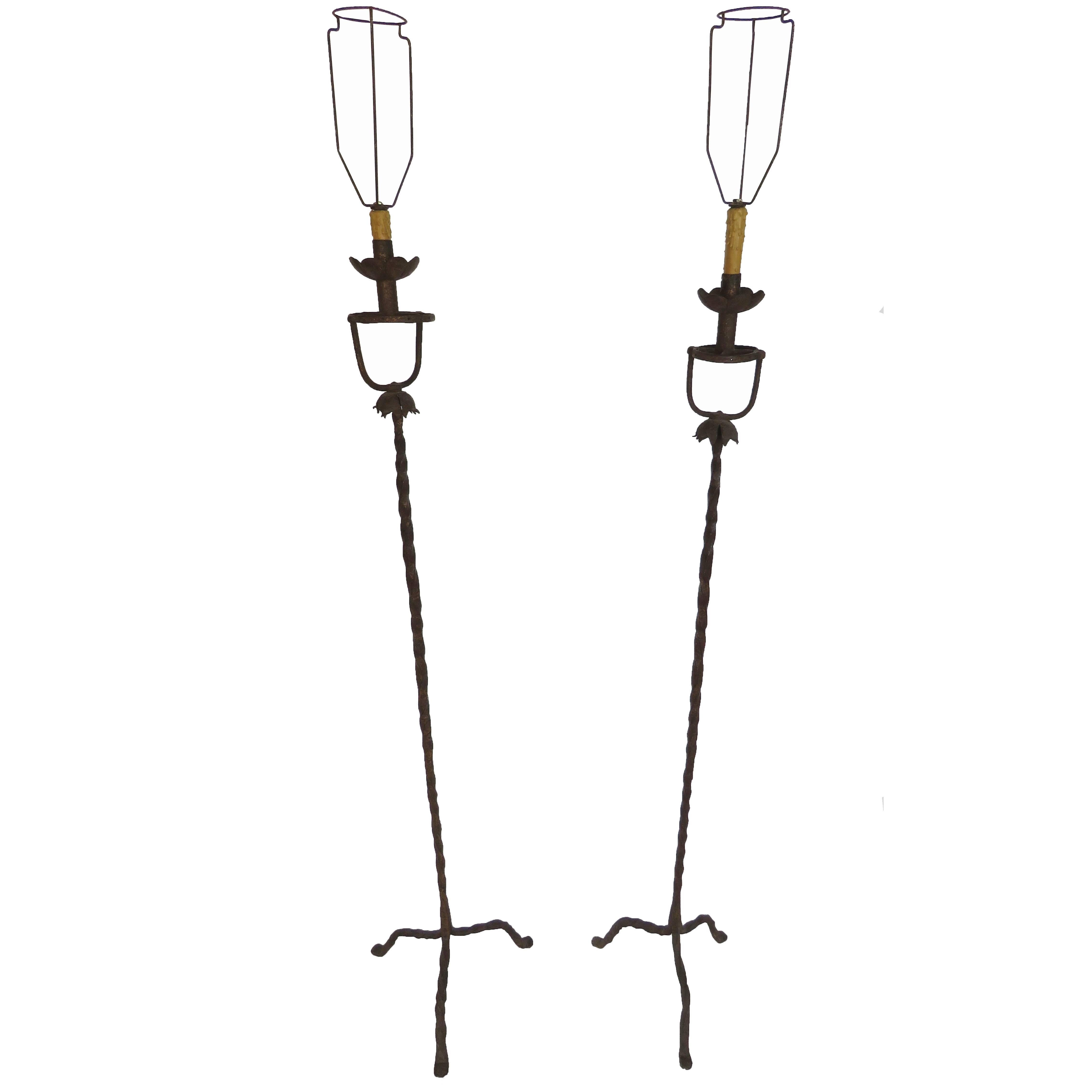 18th Century Pair of Period Hand-Wrought Iron Floor Lamps For Sale