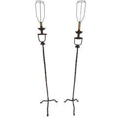 Antique 18th Century Pair of Period Hand-Wrought Iron Floor Lamps