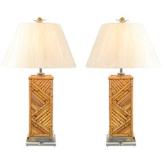 Dramatic Pair of Handmade Vintage Bamboo Lamps with Nickel and Lucite Accents