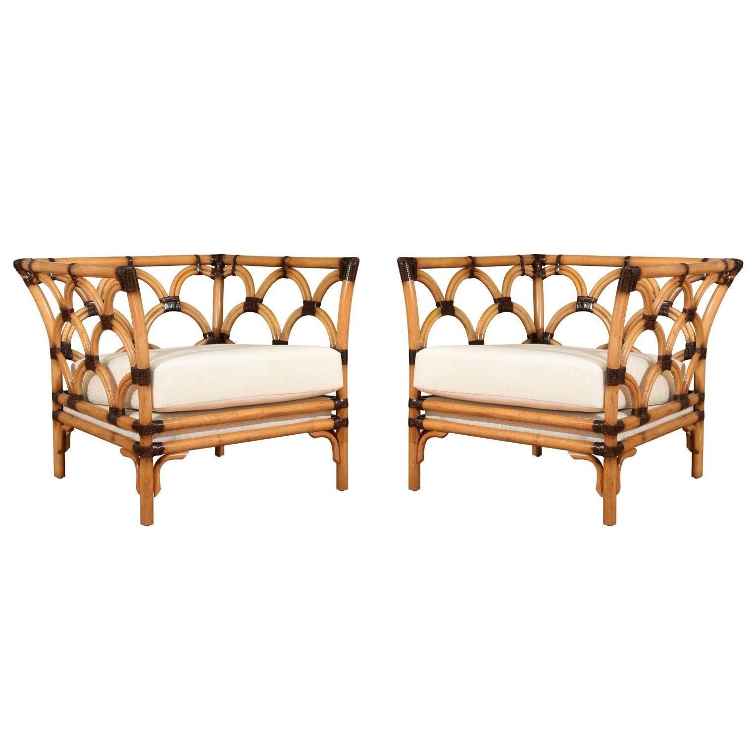 Remarkable Pair of Scalloped Rattan Emperor's Chairs by Peter Rocchia  For Sale