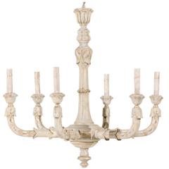 French Vintage Six-Light Wood Chandelier in Neutral Cream-Beige Color, Blue Tint