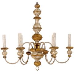 Italian Vintage Six-Light Wood and Metal Chandelier, Silver and Gold Color
