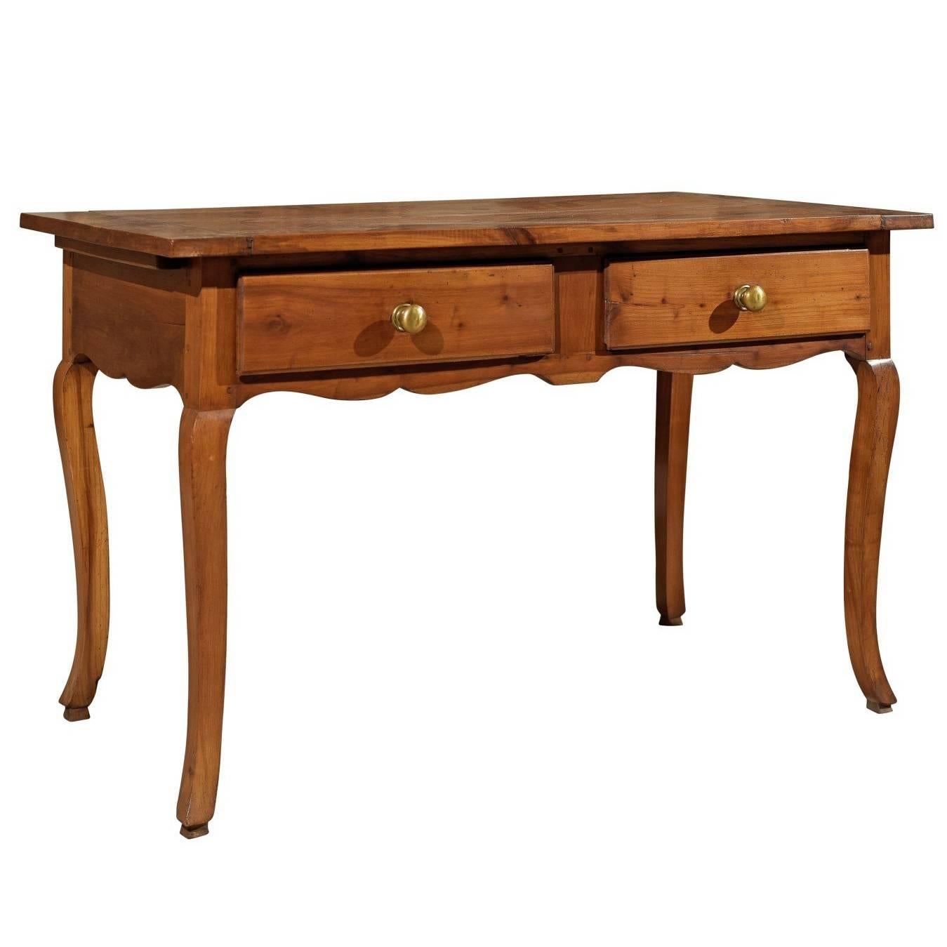 19th Century Cherry Louis XV Style Table with Two Drawers, circa 1820 For Sale