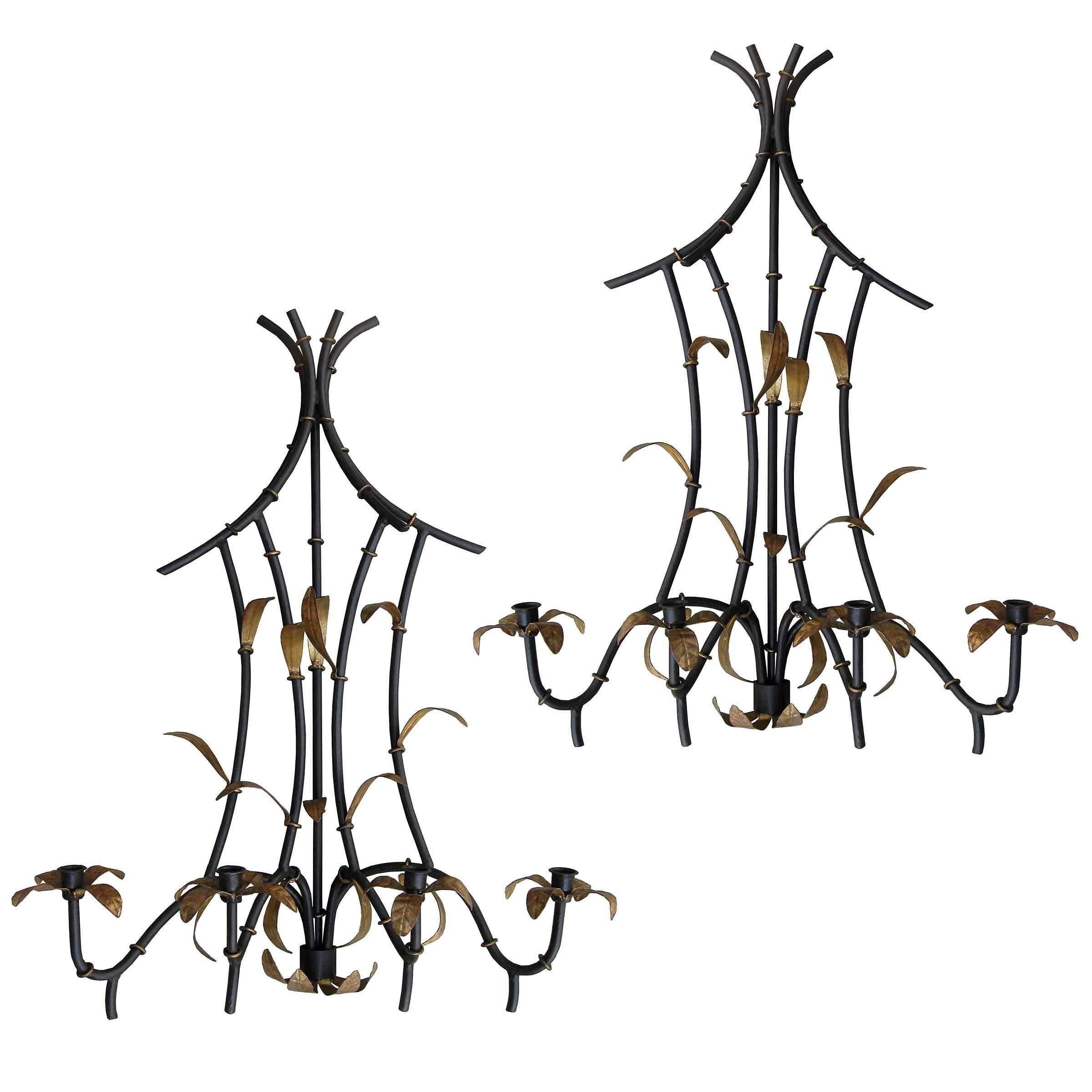 Large Pair of Mid-Century Bamboo and Gilt Leaf Sconces, Four-Arm