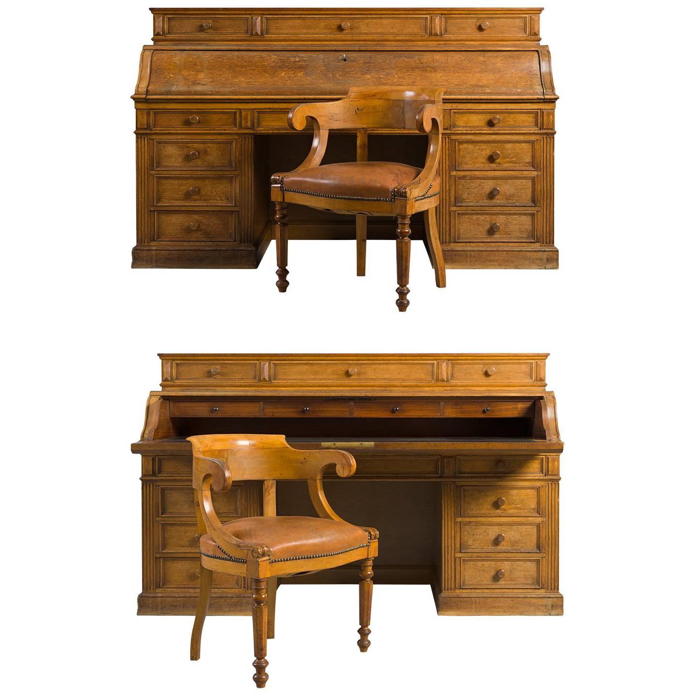 Two Large System Oak Desks and Their Armchairs, 19th Century For Sale