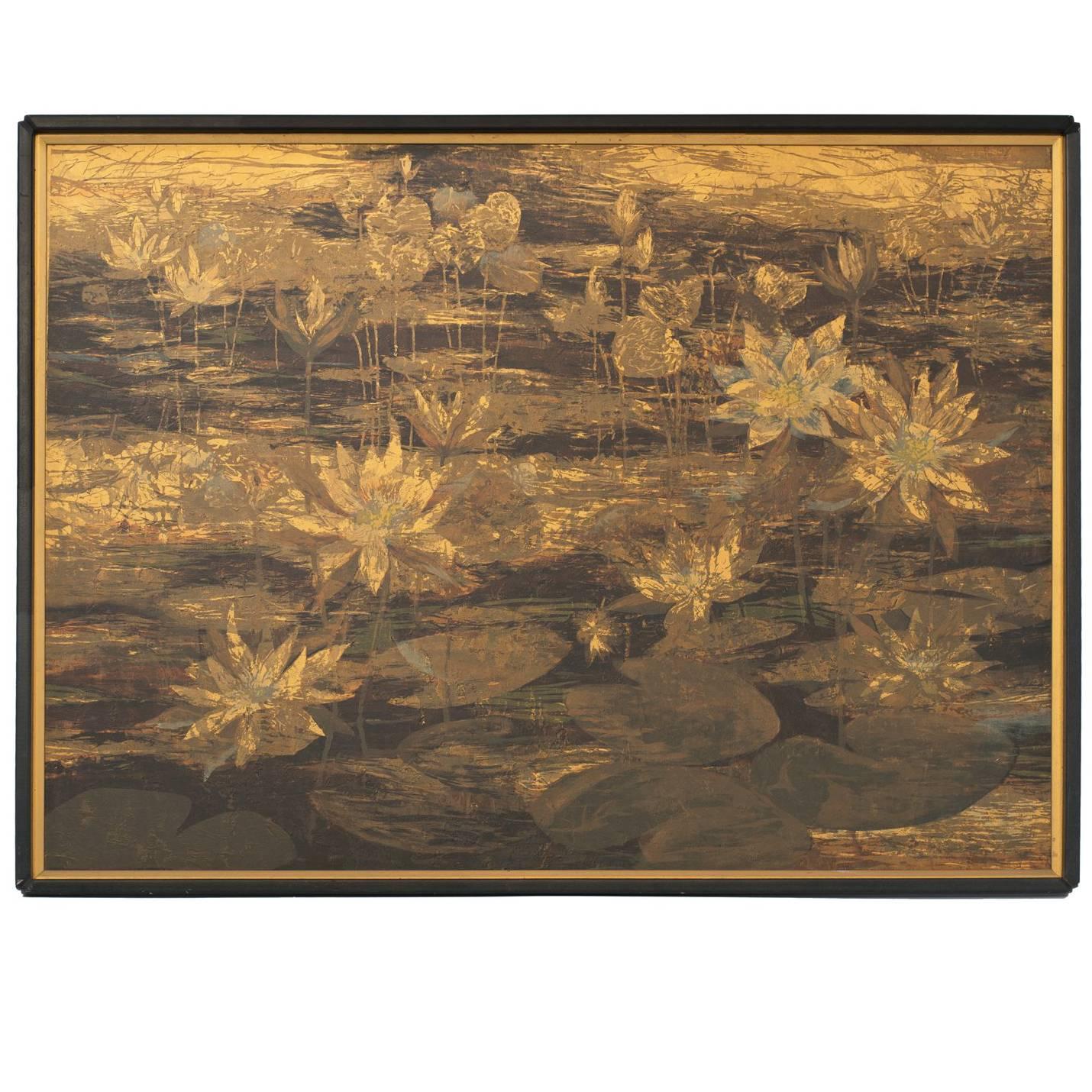 Large Framed Art Botanical Serigraph Water Lillies in Metallic Gold For Sale