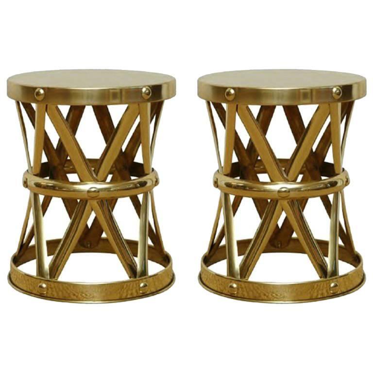 Mid-Century Italian Brass X Drum Stools or Side Tables For Sale