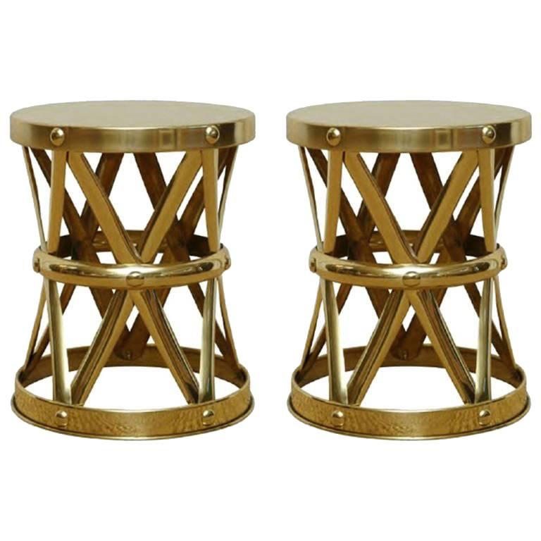 Mid-Century Italian Brass X Drum Stools or Side Tables