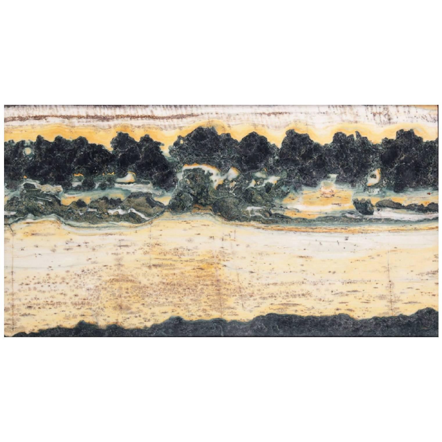 This Chinese extraordinary natural stone painting of a series of mountain tops or crags is called a dream stone Shih-hua. They are cut from historic Dali marble found in the Cangshan mountains of western China. These mysterious mountains, unique in