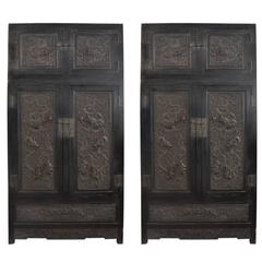 Magnificent, Large, Rare Pair of Chinese Hand Carved Dragon Zitan Cabinets