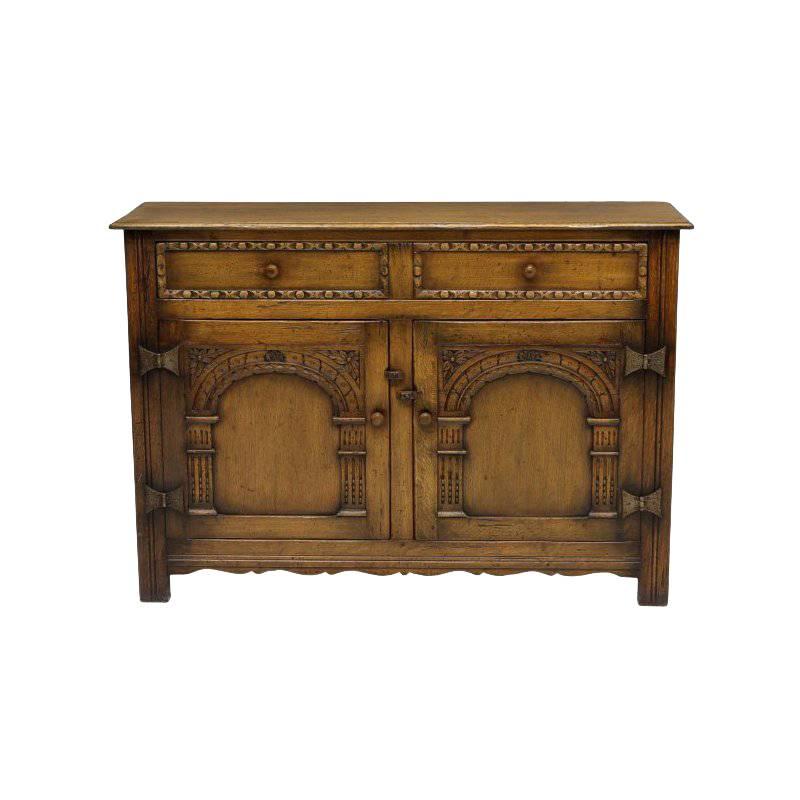 Arts and Craft Style Carved Oak Two-Door Cabinet