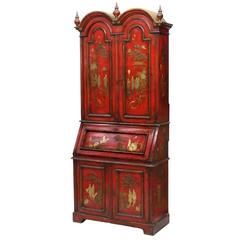 Vintage Queen Anne Style Red Japanned Chinoiserie Secretary Cabinet