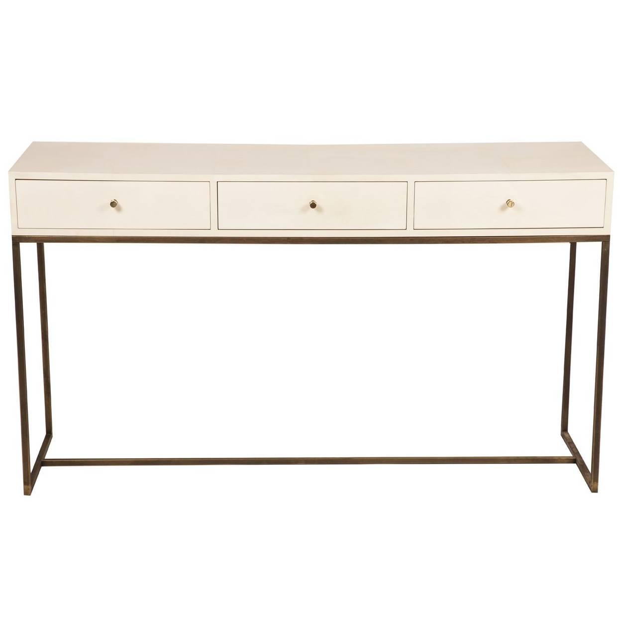 White Piano Lacquered Olivia Console Table with Vellum Parchment Detail