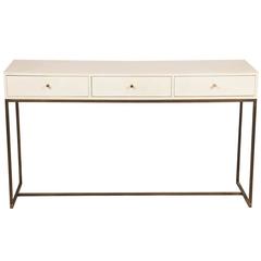 White Piano Lacquered Olivia Console Table with Vellum Parchment Detail