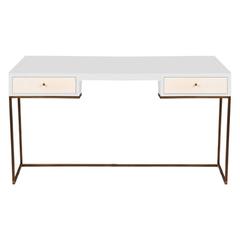 White Piano Lacquered Olivia Desk with Vellum Parchment Detail