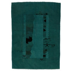 Retro Turkish Oushak Rug Overdyed in Teal with Contemporary Modern Style