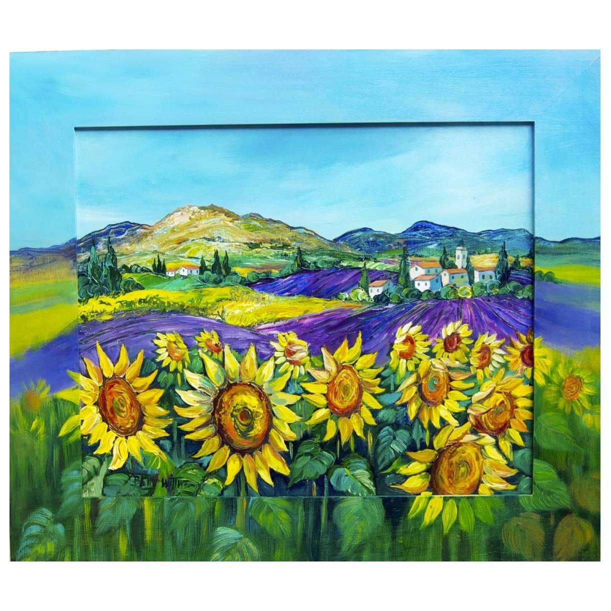 French Provence Painting Sunflowers Lavender with Painted Frame Betty Wittwe For Sale