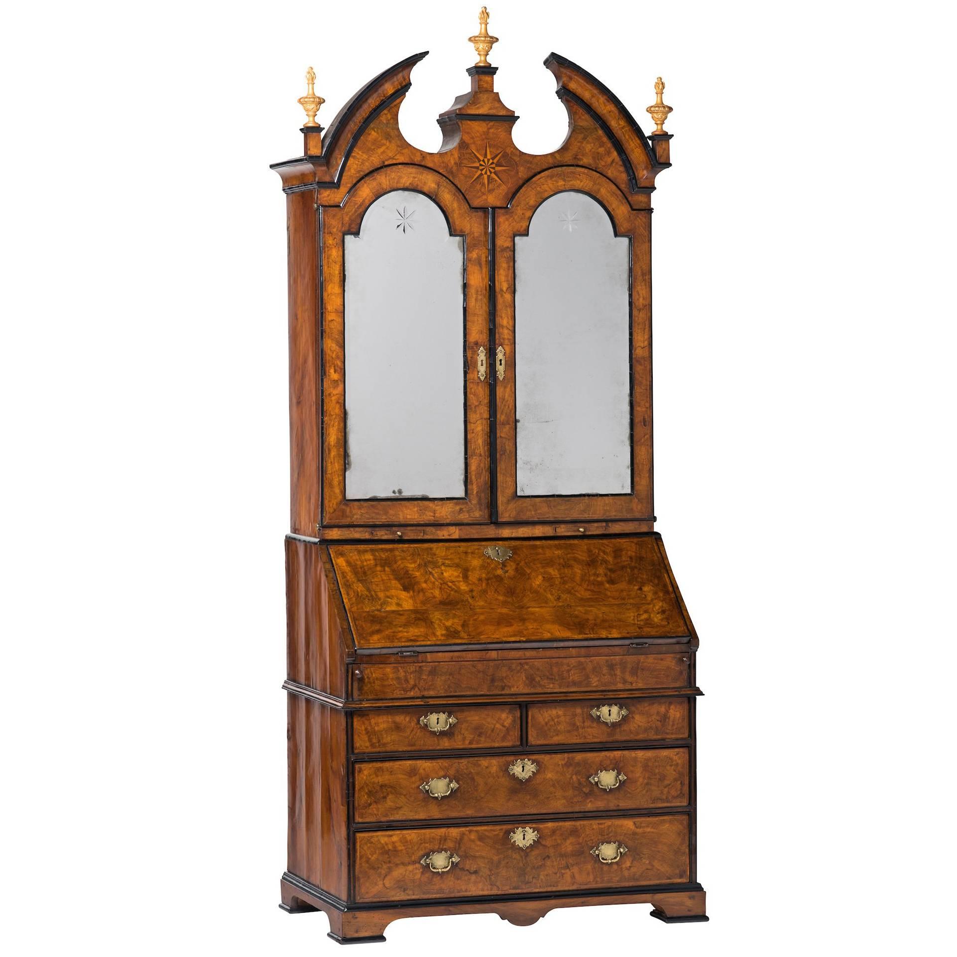 George I Burl Walnut Bureau Bookcase For Sale