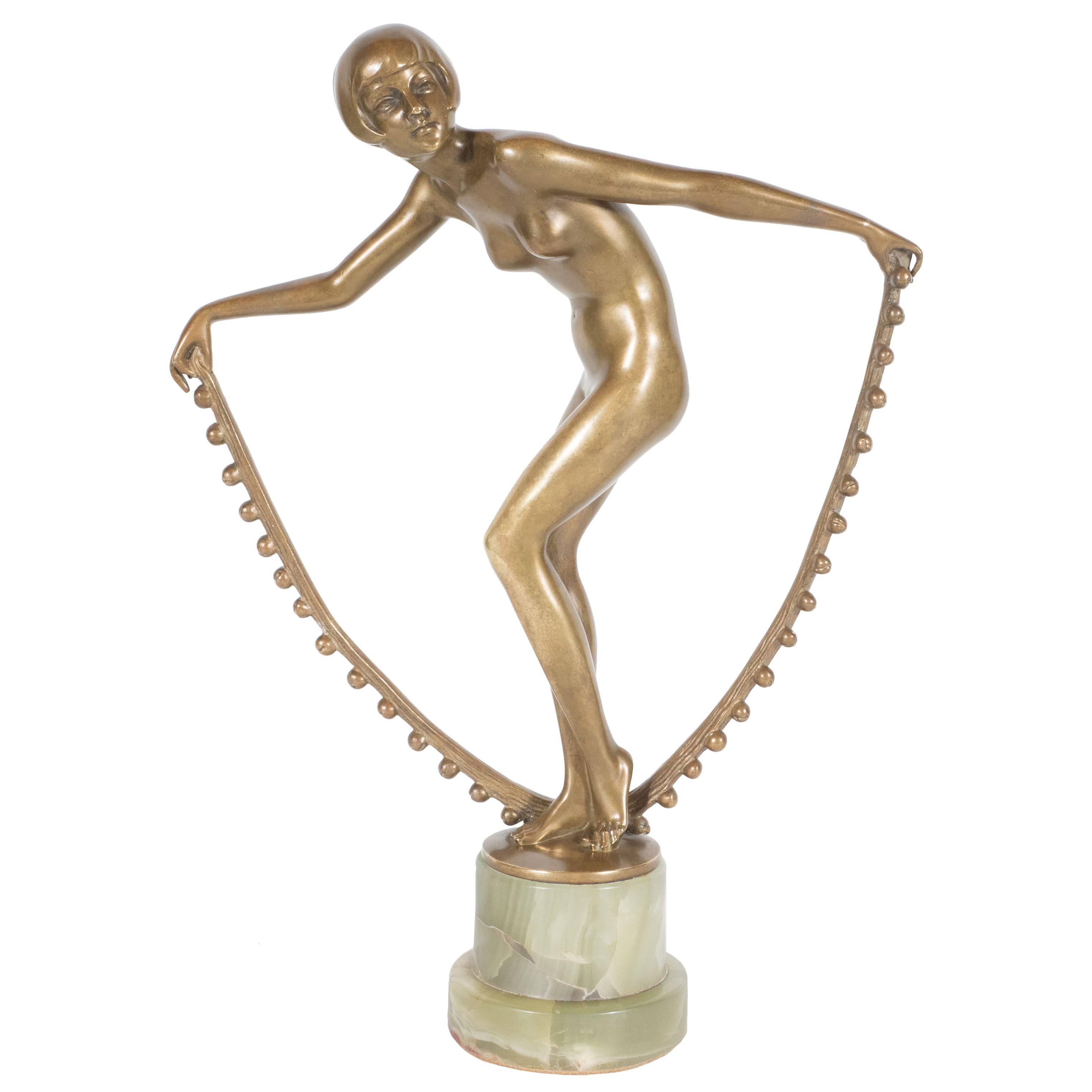 Deco Dancer by Josef Lorenzl Gilt Bronze Sculpture on Onyx Base, Austrian, 1935