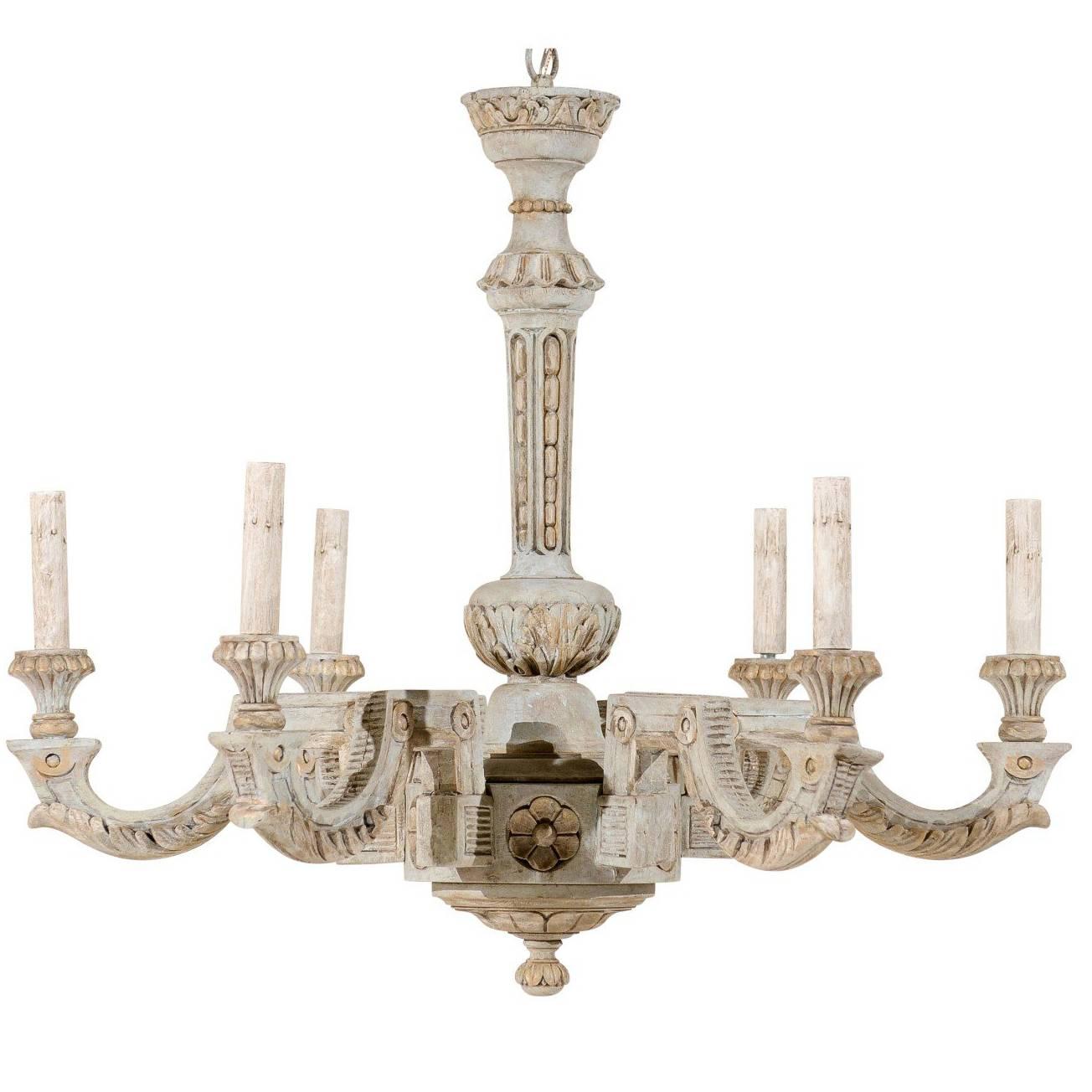 French Vintage Painted and Carved Wood Chandelier with Six Lights