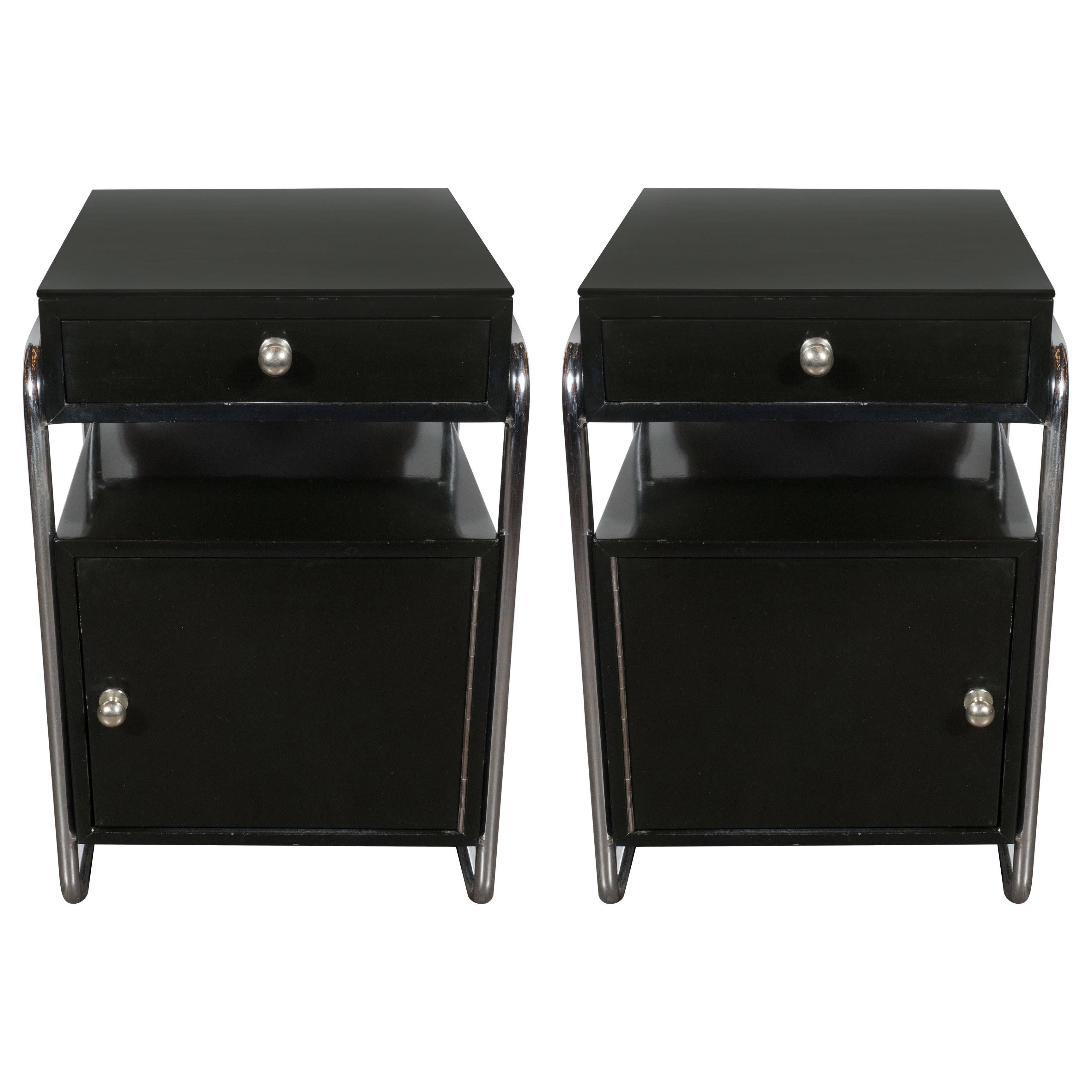 Pair of Art Deco Machine Age Nightstands in Black Lacquer by Wolfgang Hoffman