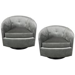 Pair of Milo Baughman Swivel Chairs in Platinum Velvet with Tufted Detailing