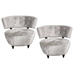 Pair of Art Deco Round Slipper Chairs in Smoked Platinum Velvet by Gilbert Rohde