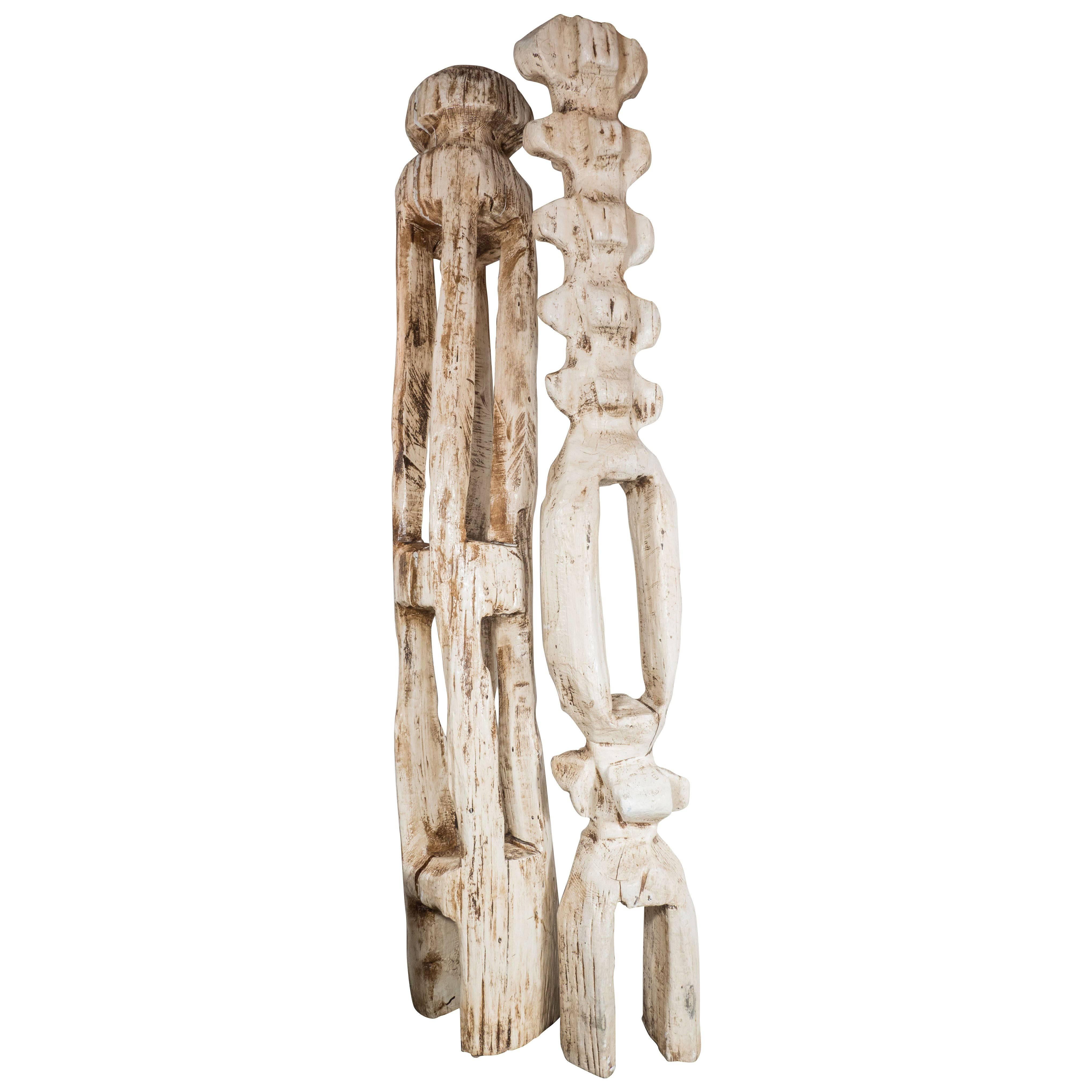 Monumental Pair of White Washed Hand Organic Sculpted Totems by Espen Eiborg