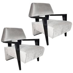 Pair of Sculptural Armchairs in Platinum Velvet in the Style of James Mont