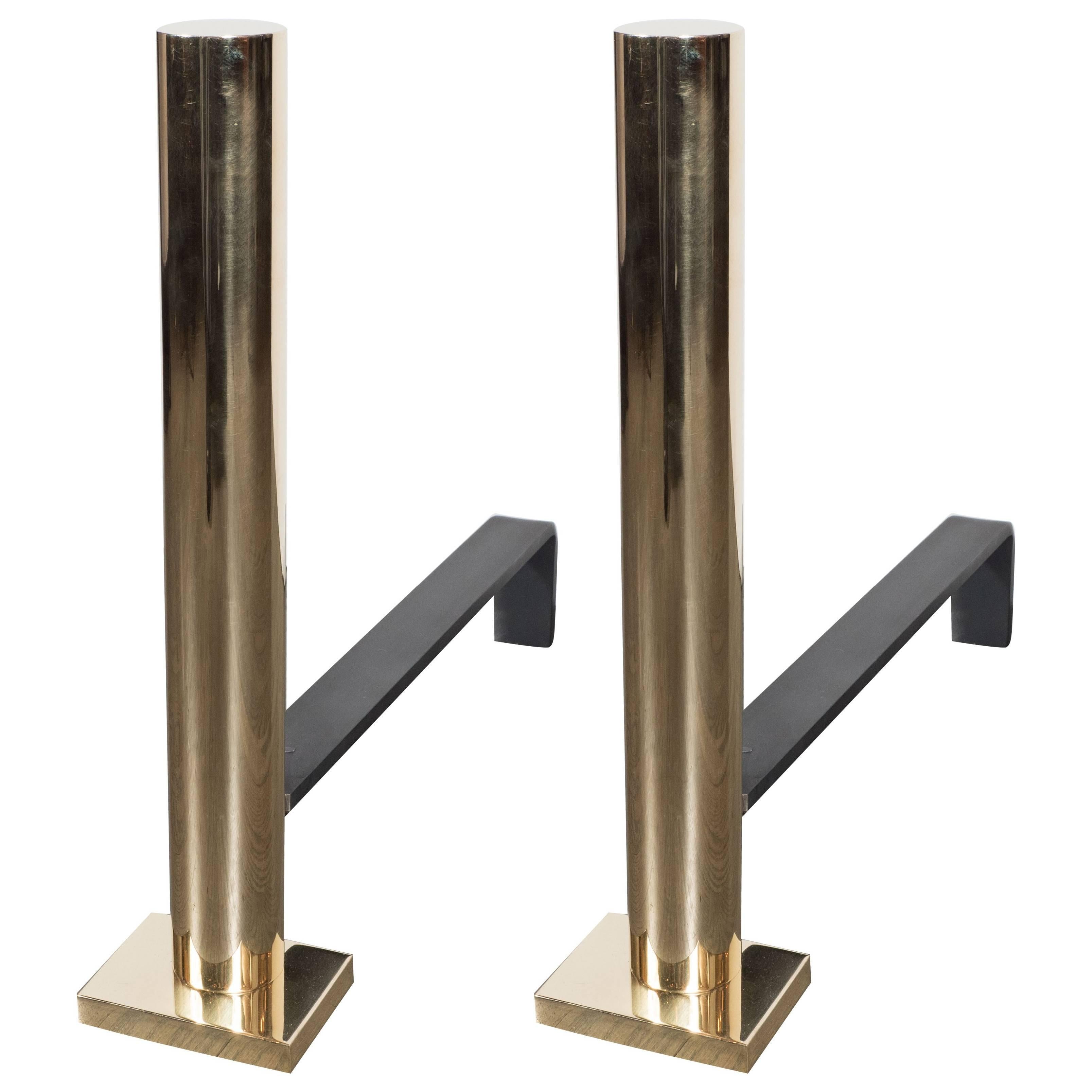 Pair of Custom Modernist Polished Brass Cylindrical Form Andirons For Sale