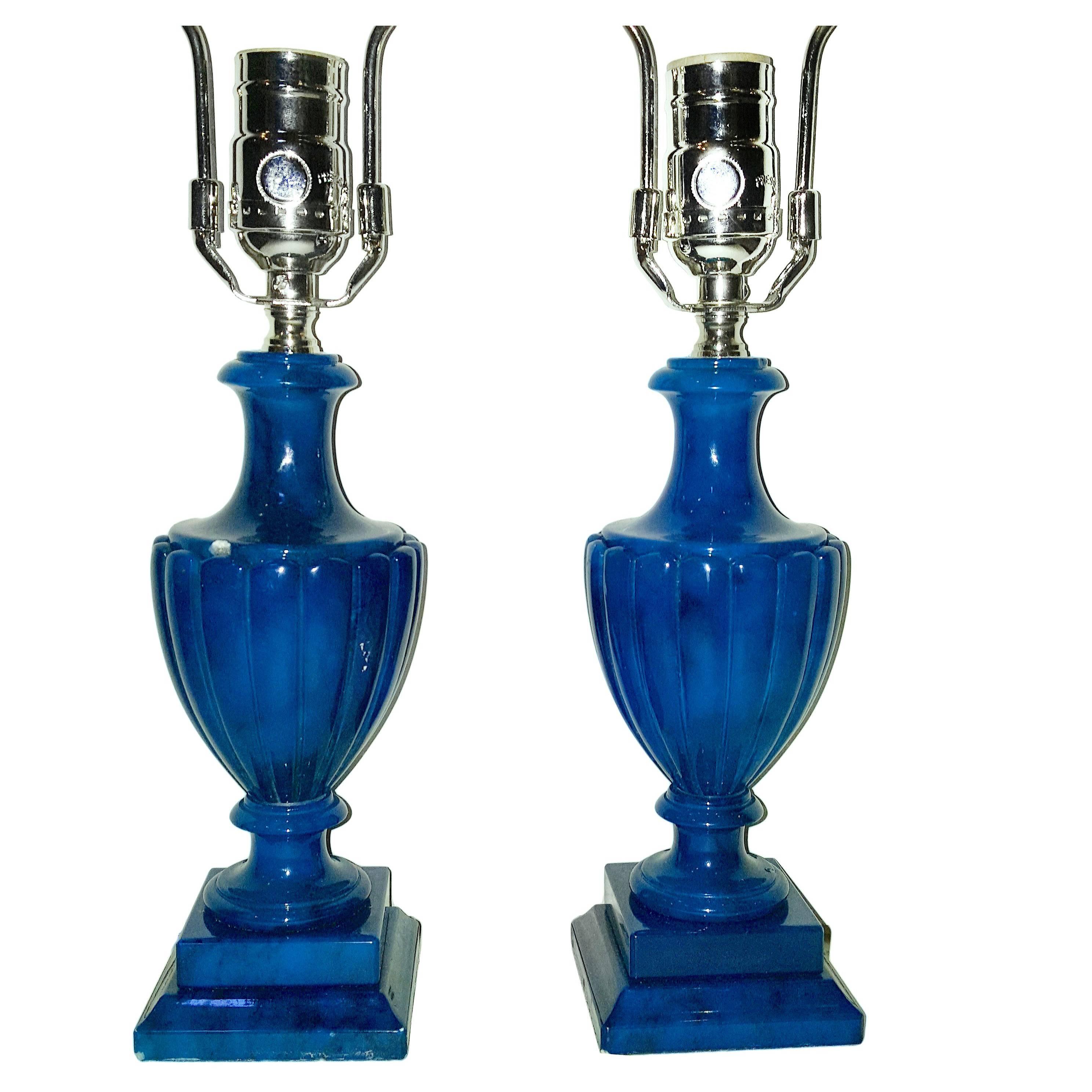 Pair of 1920s Italian blue alabaster table lamps with urn shaped body and pedestal bases.