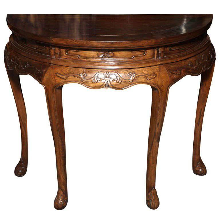 19th Century Chinese Shanxi Elmwood Demilune Table with Carved Apron
