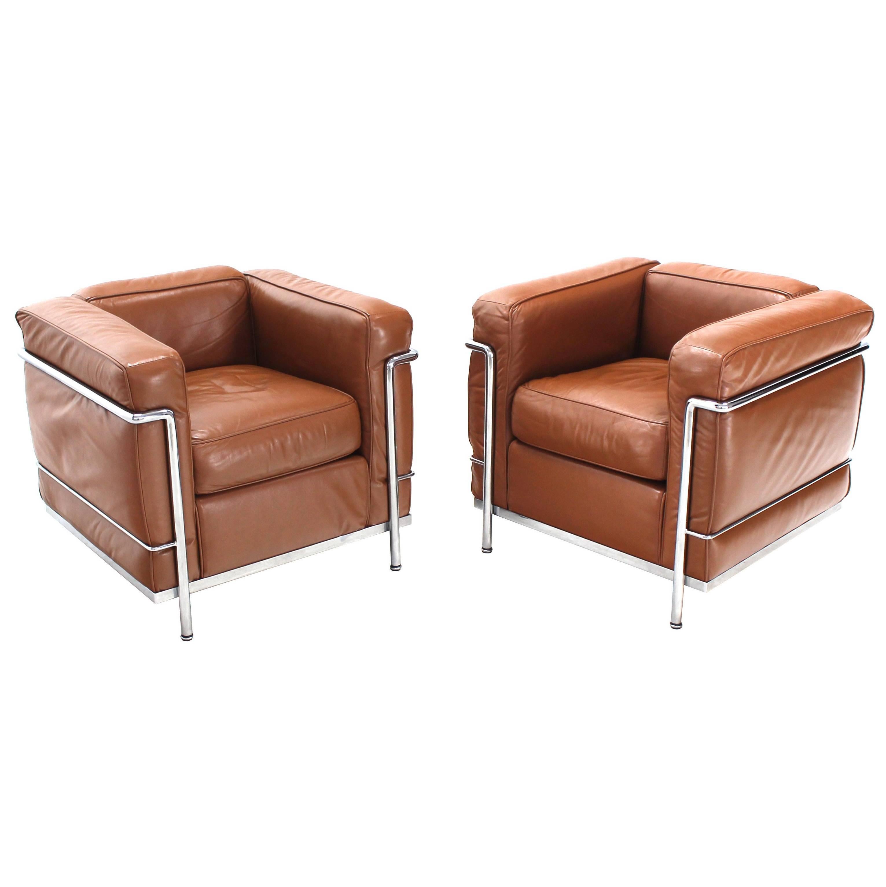 Le Corbusier LC2 Cassina Brown Leather Pair of Lounge Chairs