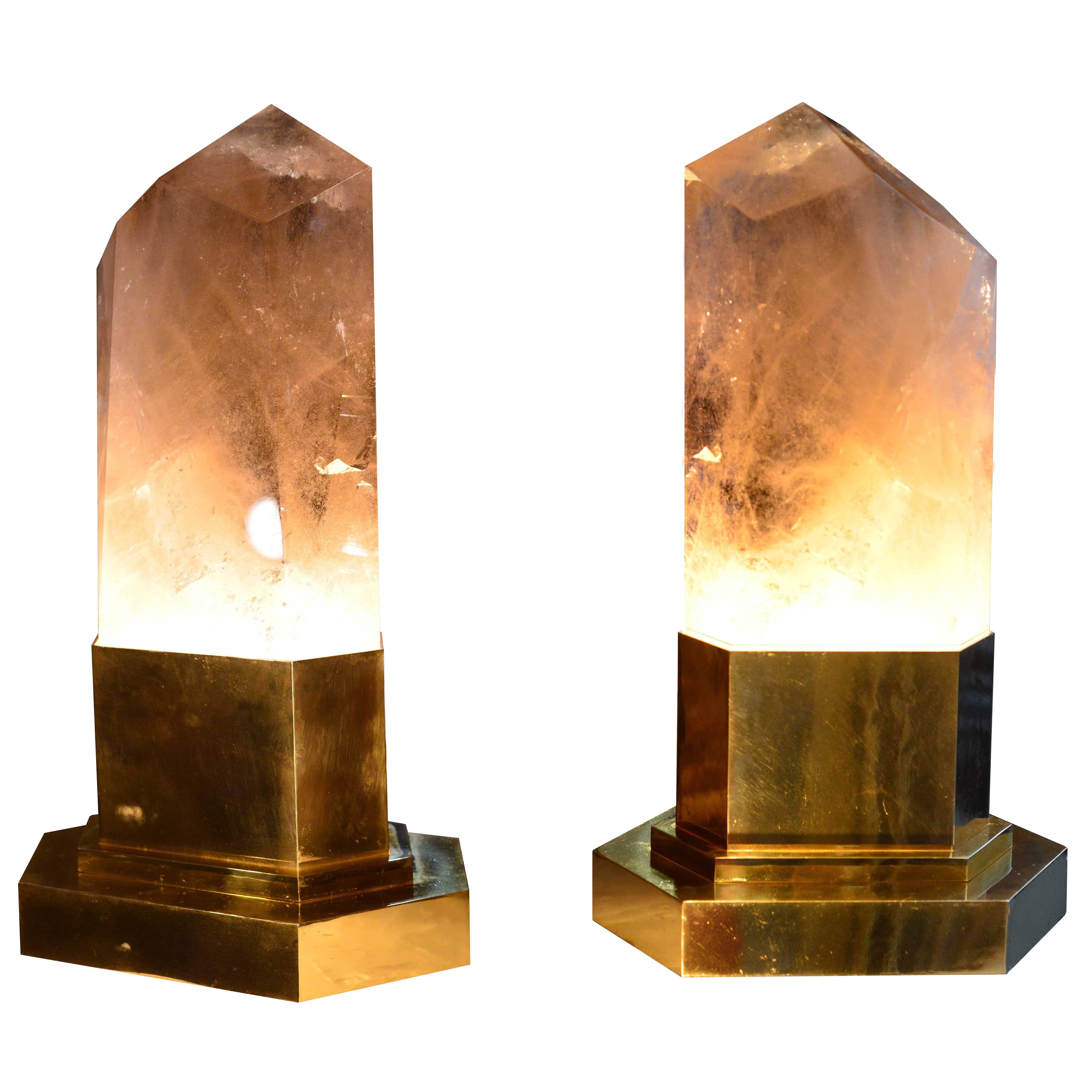Group of Two Smoky Brown Rock Crystal Obelisk Lights