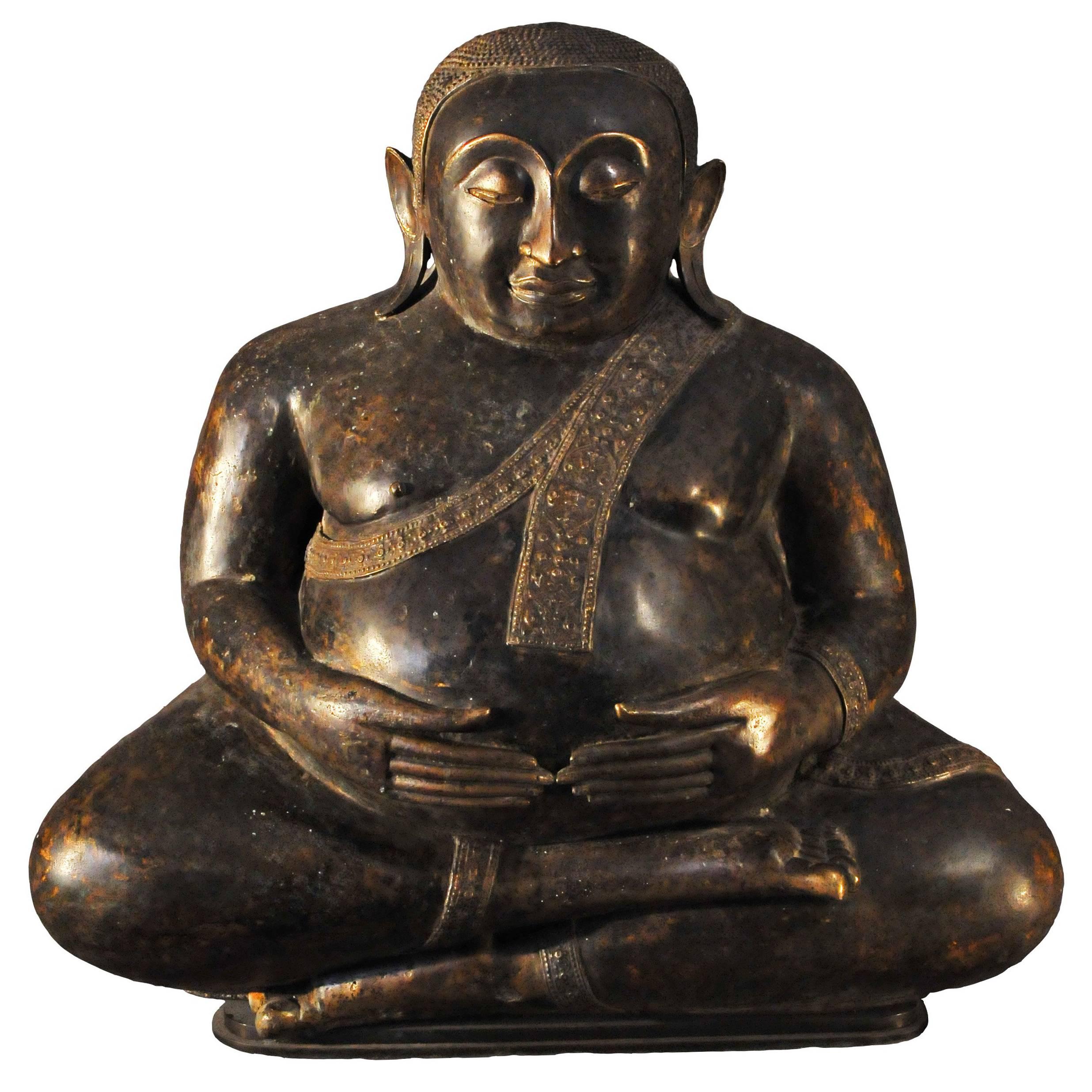 Late 18th Century Large Bronze Sitting Pu-tai or Laughing Buddha, Thailand For Sale