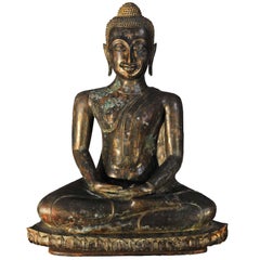 17th Century Bronze with Green Patina Virasana Buddha in Dhyana Mudra, Thailand