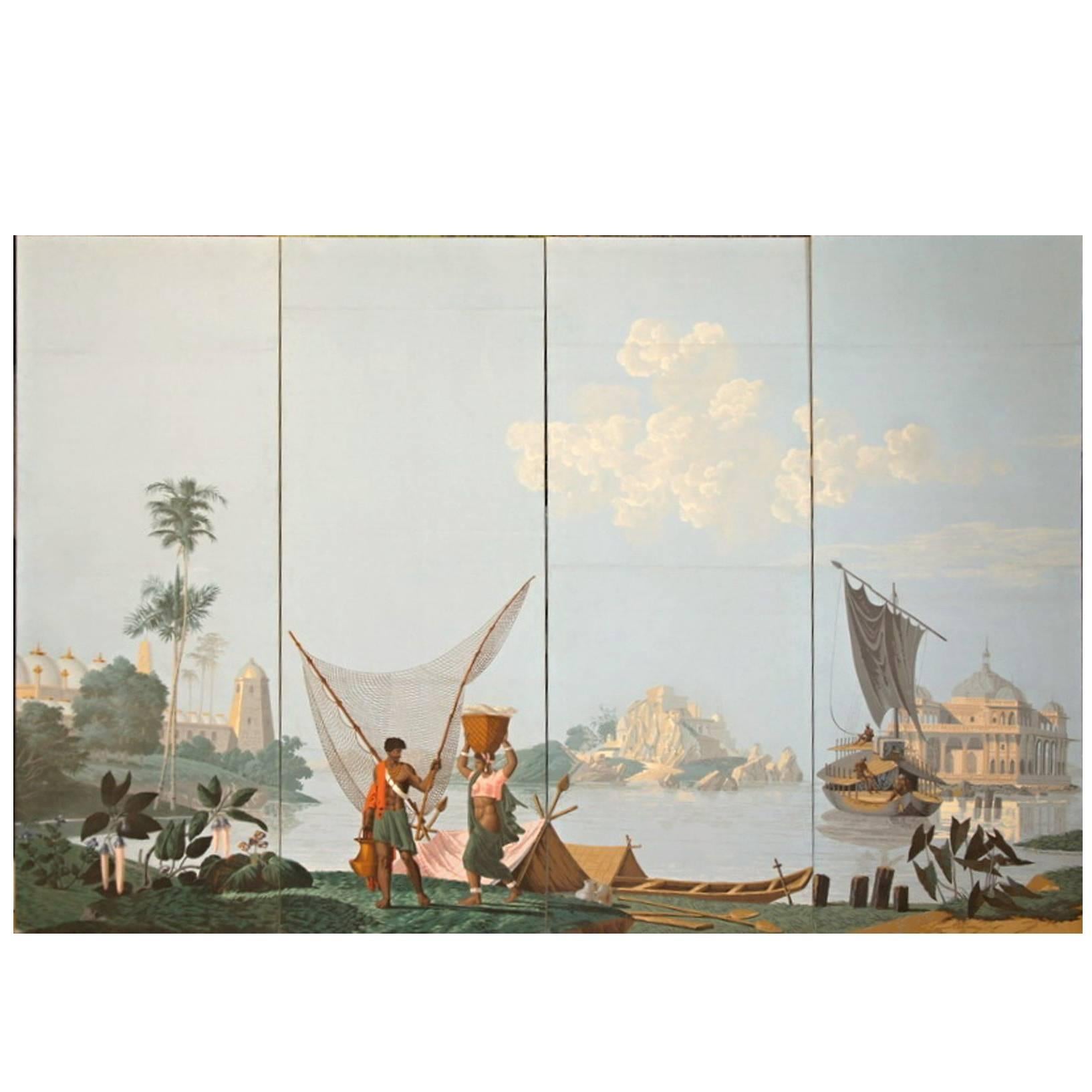 Original Four Zuber Panels, Papier Peints, Fisherman on the River Ganges For Sale