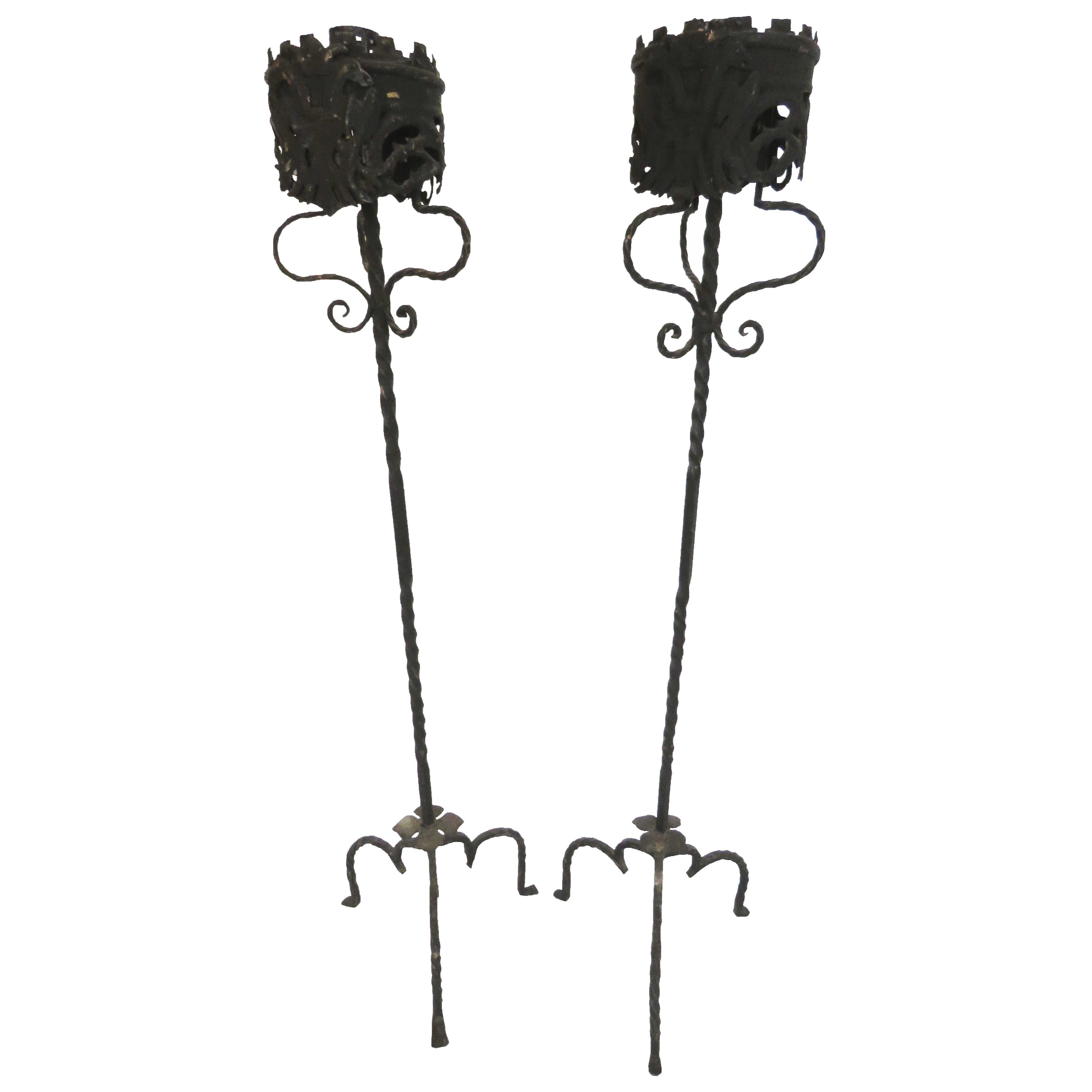 19th Century Pair of Forge Iron Torchères Floor Lamps