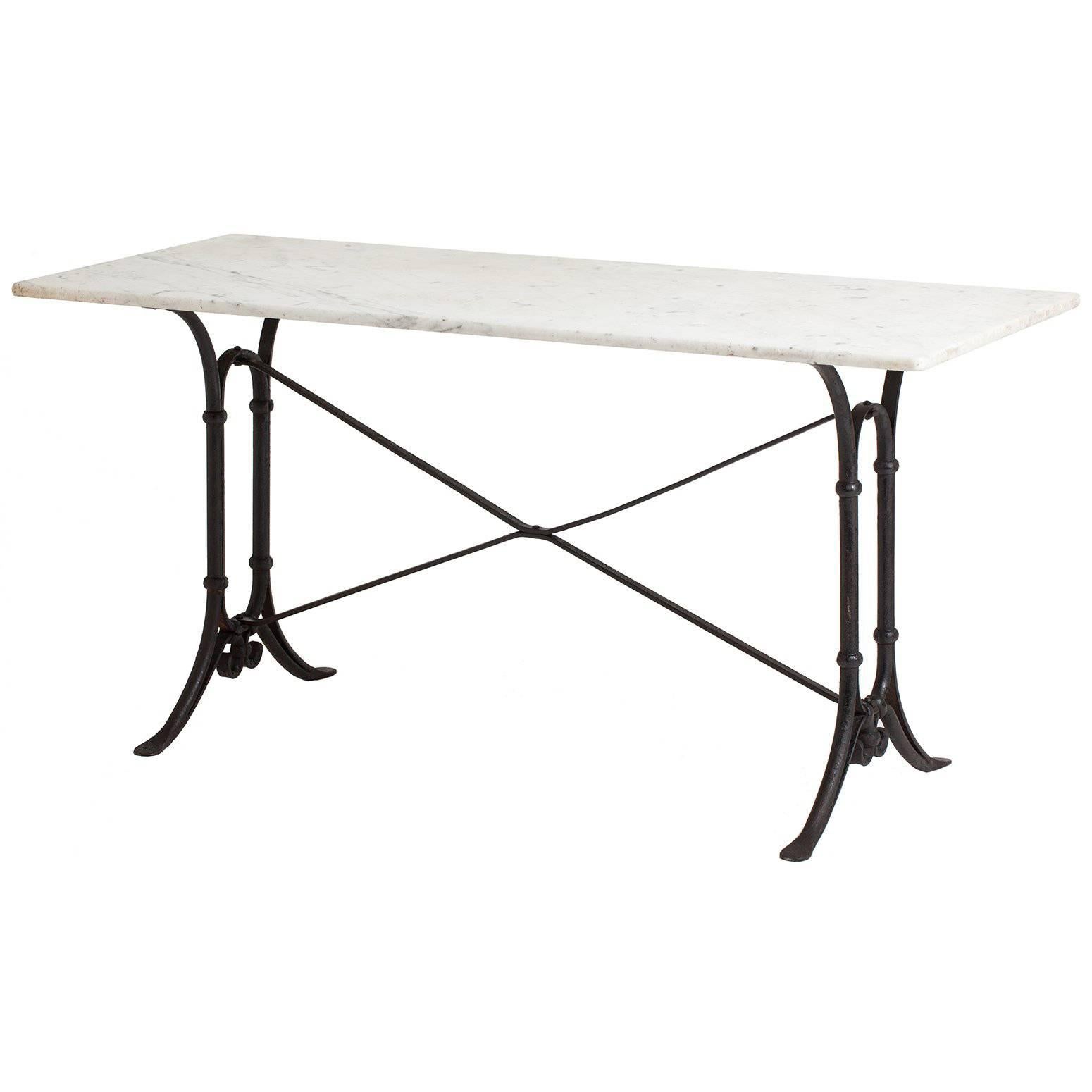 Long French Bistro Table with White Marble-Top, circa 1920 at 1stDibs