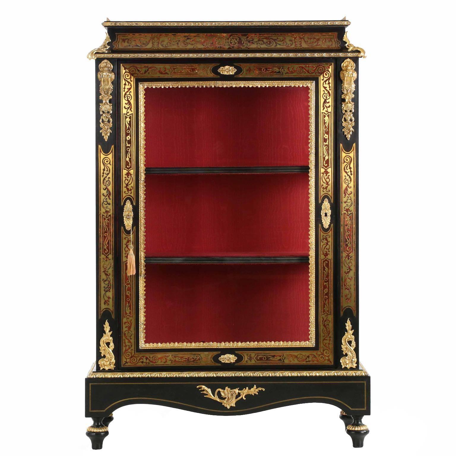 French Napoleon III Style Ebonized Ormolu Bookcase Display Cabinet, 20th Century