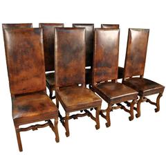 Antique Set of 8 Spanish 19th Century Leather Dining Chairs
