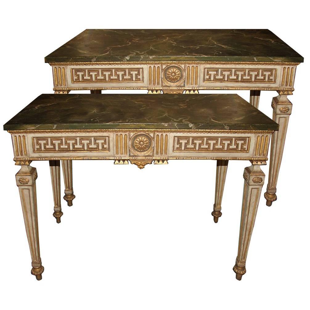 Pair of 18th Century Italian Louis XVI Polychrome and Parcel-Gilt Console Tables For Sale