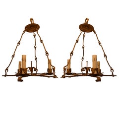 Vintage Pair of 20th Century Gilded Iron Chandeliers from Barcelona